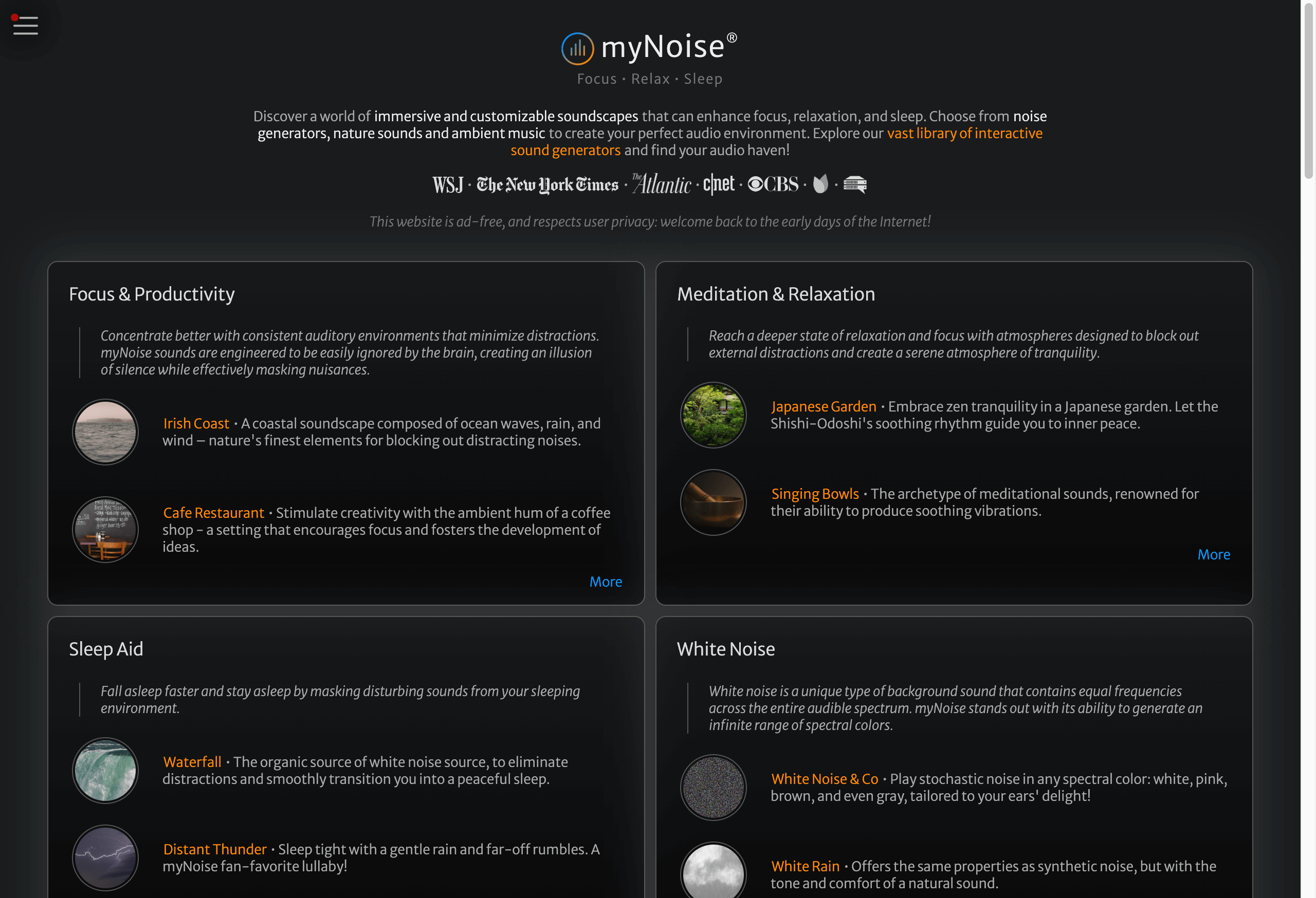 myNoise sets the standard for online background noise machines and interactive soundscapes.